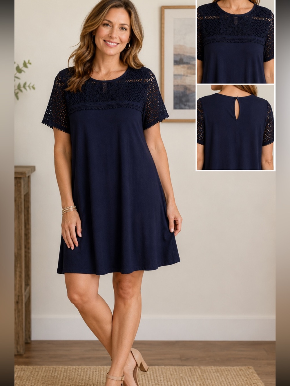 LOFT Navy Lace Yoke Swing Dress Medium
Crochet Short Sleeve